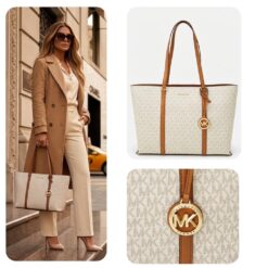 Torba Michael Kors Temple Tote 30R4G1LT3B, beżowa